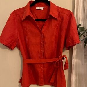 Country Casuals Scarlet Button-Up Linen Blouse with Belt